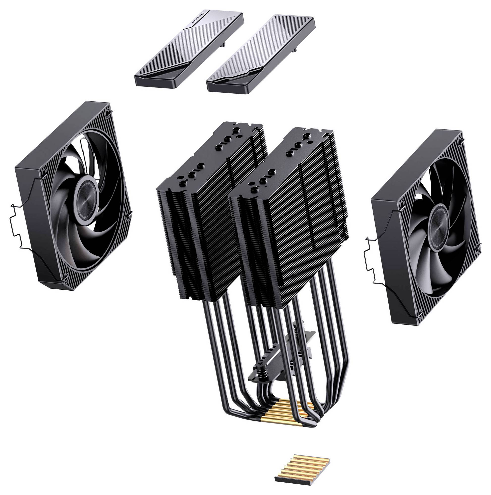 Auseinandergelegter Blick auf einen Computer-CPU-Kühler mit zwei Lüftern, doppelten Kühlkörpertürmen, Wärmerohrverbindungen und Montageklammern, die getrennt zur Montage dargestellt sind.