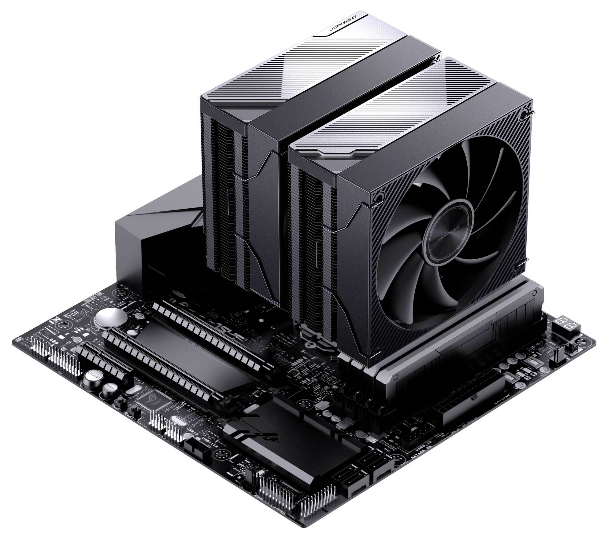 Ein Computermainboard mit einem großen schwarzen CPU-Kühler und Lüfter, die oben montiert sind.