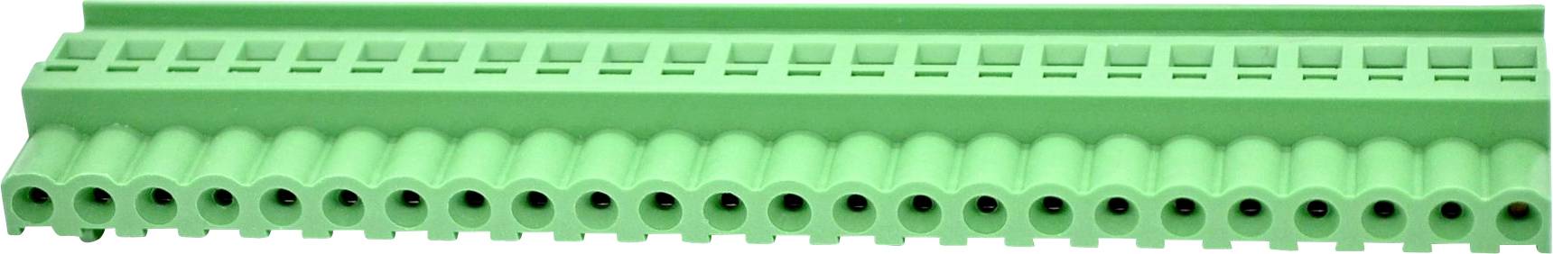 Grünes Kunststoffrohr oder Konduit mit Reihen von runden Öffnungen und einer gewellten Oberseite, in Nahaufnahme vor weißem Hintergrund gezeigt.