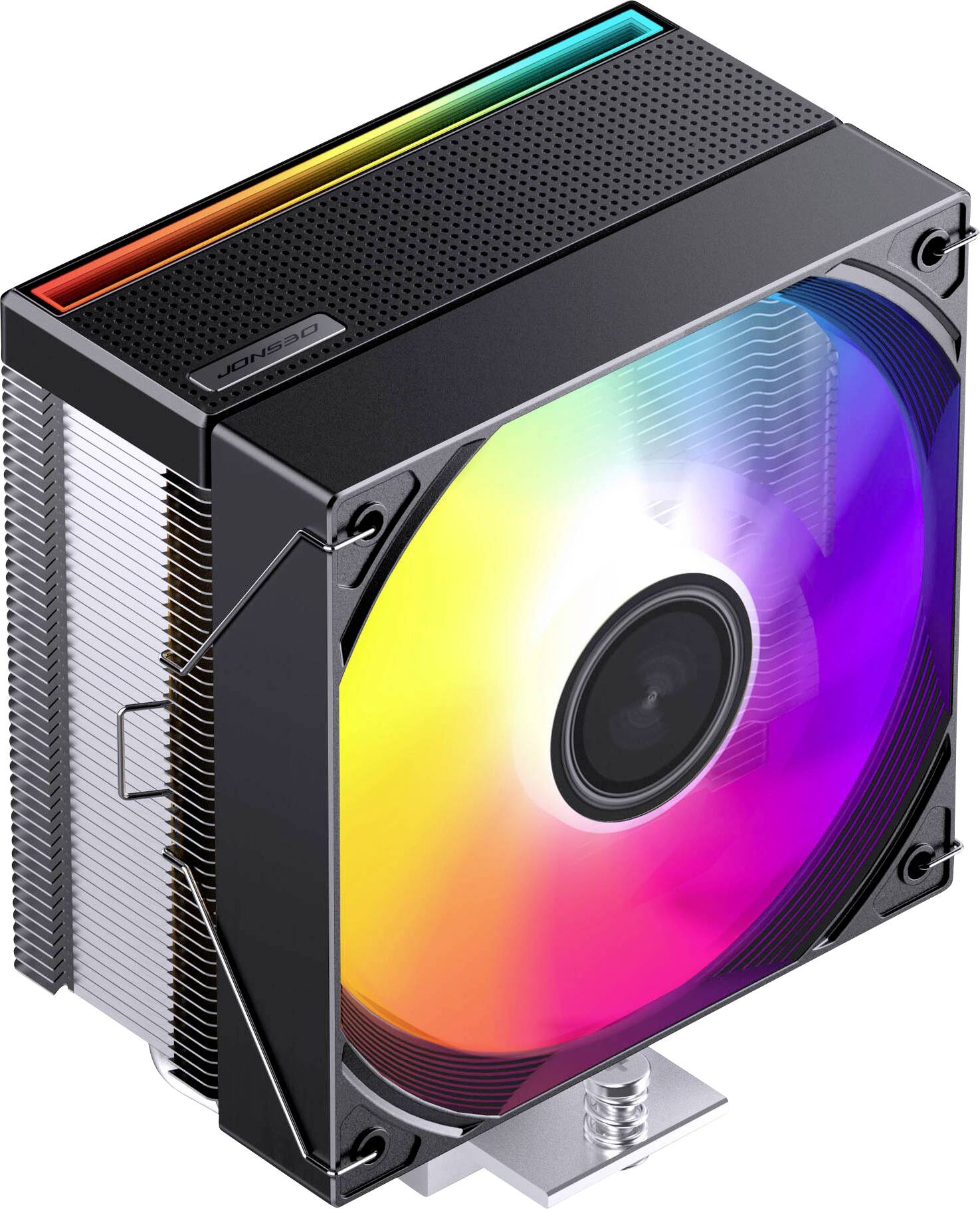 Schwarzer Computer-Kühlventilator mit RGB-beleuchteten Blättern und Kühlkörper, dargestellt in einer 3D-Produktansicht.