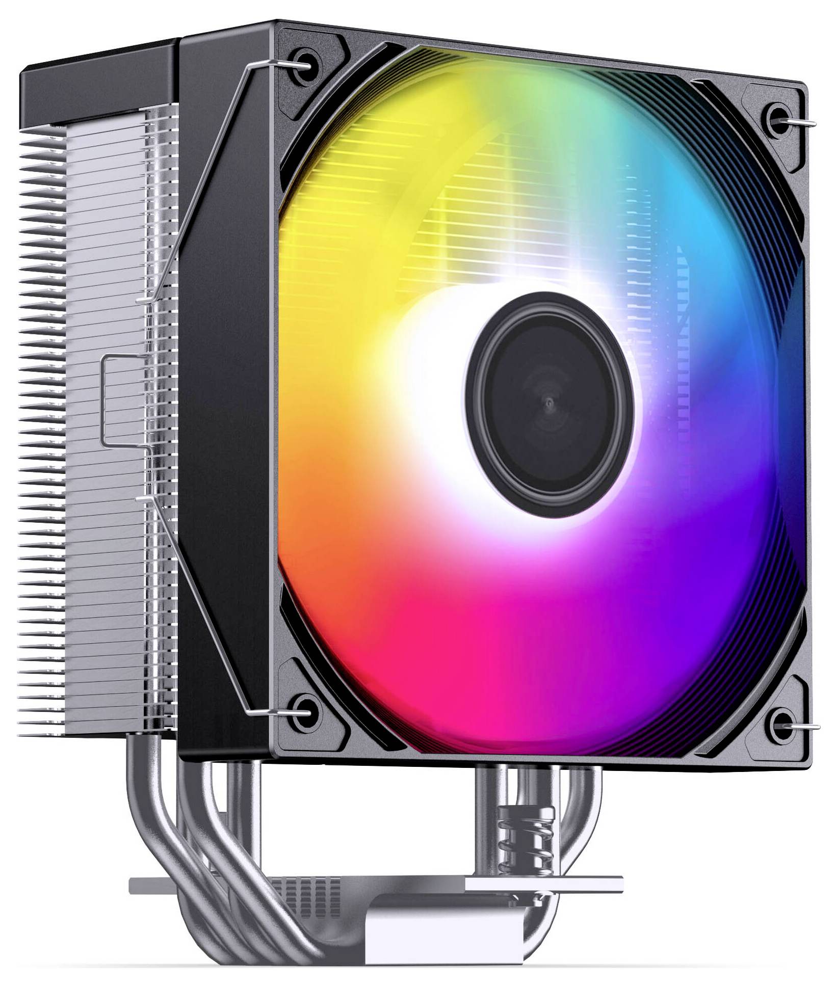 CPU-Kühler mit großem regenbogenfarbigem RGB-Lüfter und gestapeltem Aluminium-Kühlkörper mit Wärmerohr.