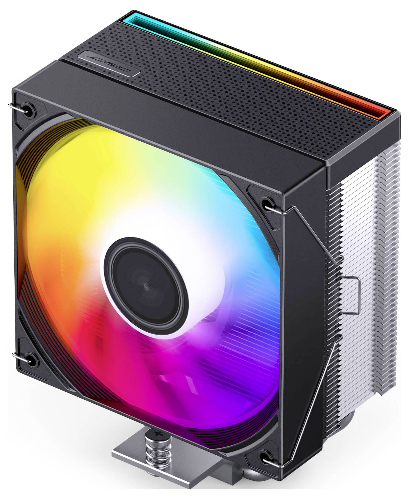 Kompakter Computerlüfter mit RGB-beleuchteten Lüfterblättern und einem schwarzen Kühlkörper, dargestellt in einer Dreiviertelperspektive vor weißem Hintergrund.