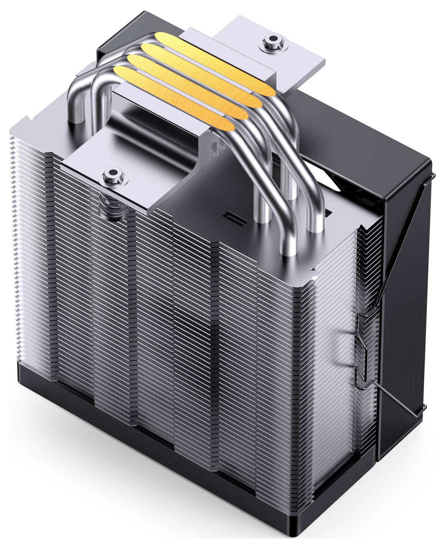 3D-gerenderter Computer-CPU-Kühler mit gestapelten Metalllamellen, vier Wärmerohrren und einer oben angebrachten Lüfterschrumpfung