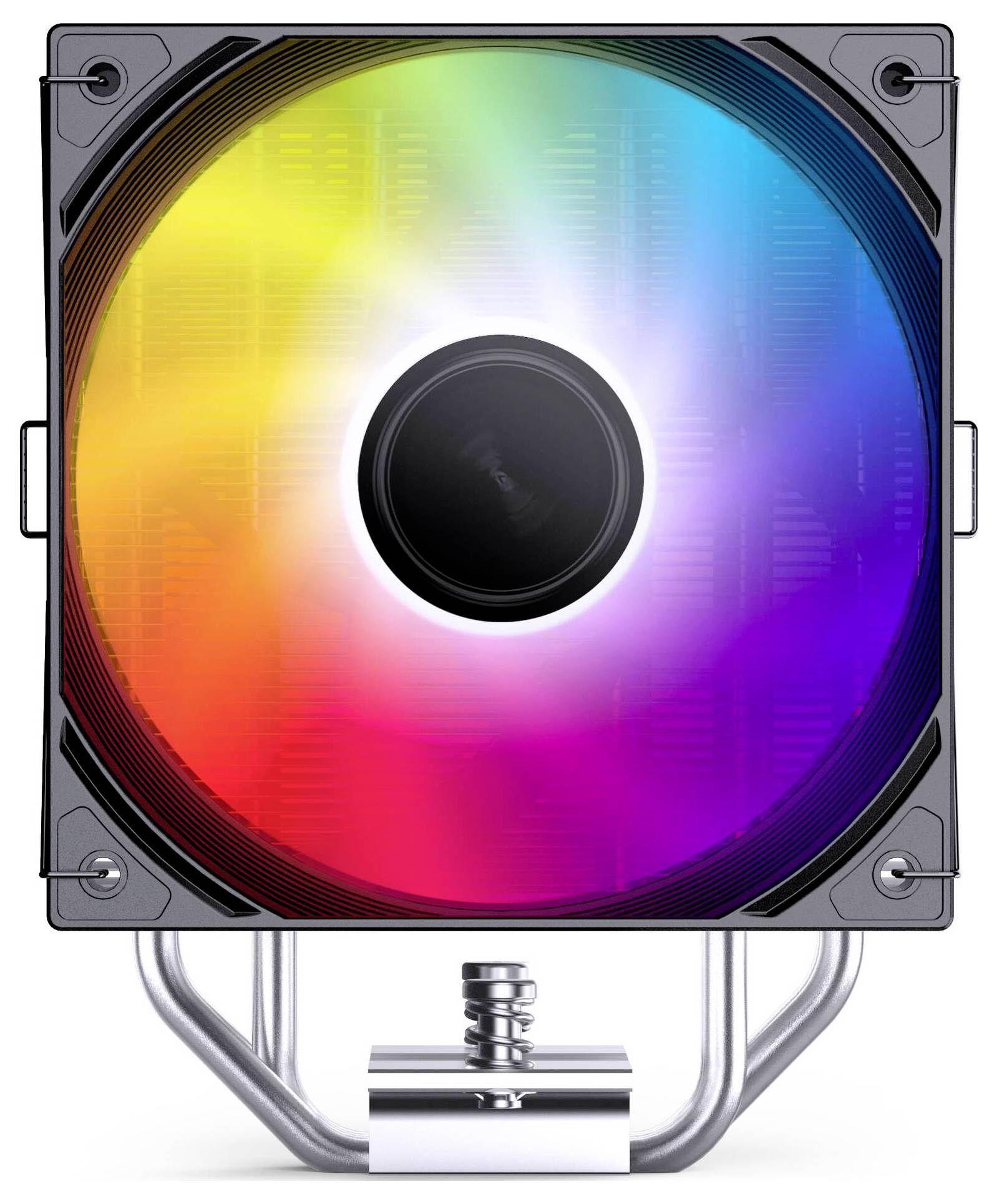 RGB-Computerlüfter mit einem regenbogenfarbenen LED-Ring in einem quadratischen grauen Rahmen und zentraler Nabe, frontal vor weißem Hintergrund dargestellt.