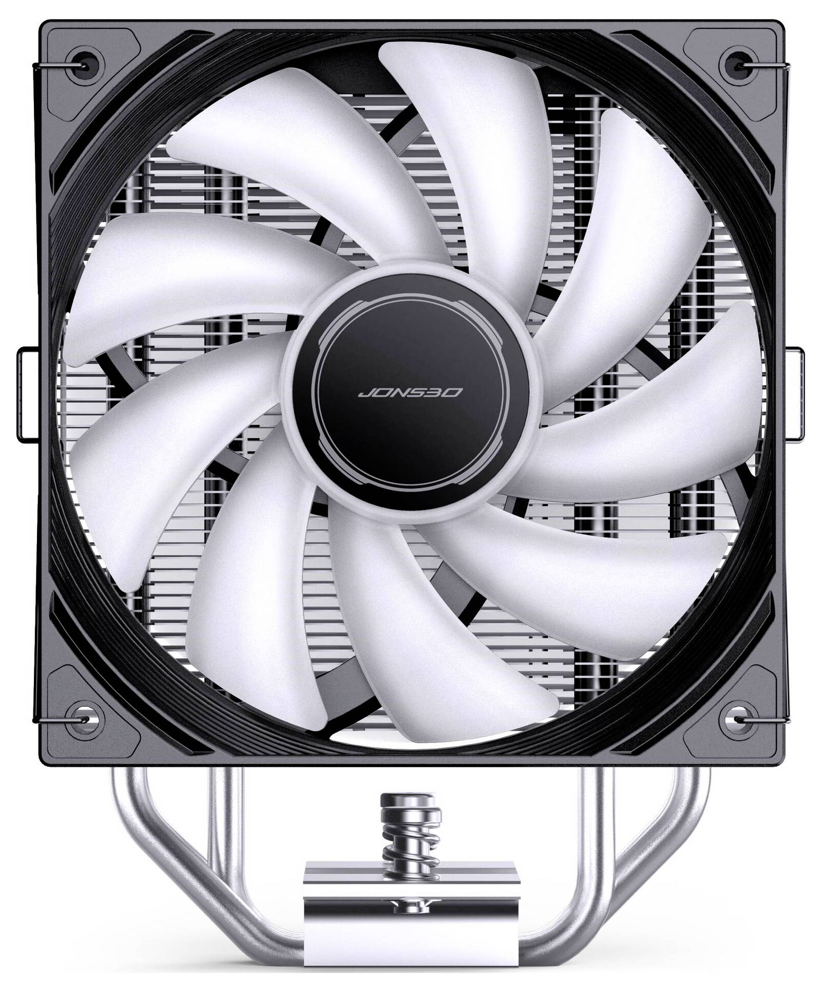 Schwarzer und weißer Computer-Kühlventilator mit neun Blättern und einer zentralen 'JONSBO' Nabe, montiert auf einer Metall-Kühlkörper-Halterung.
