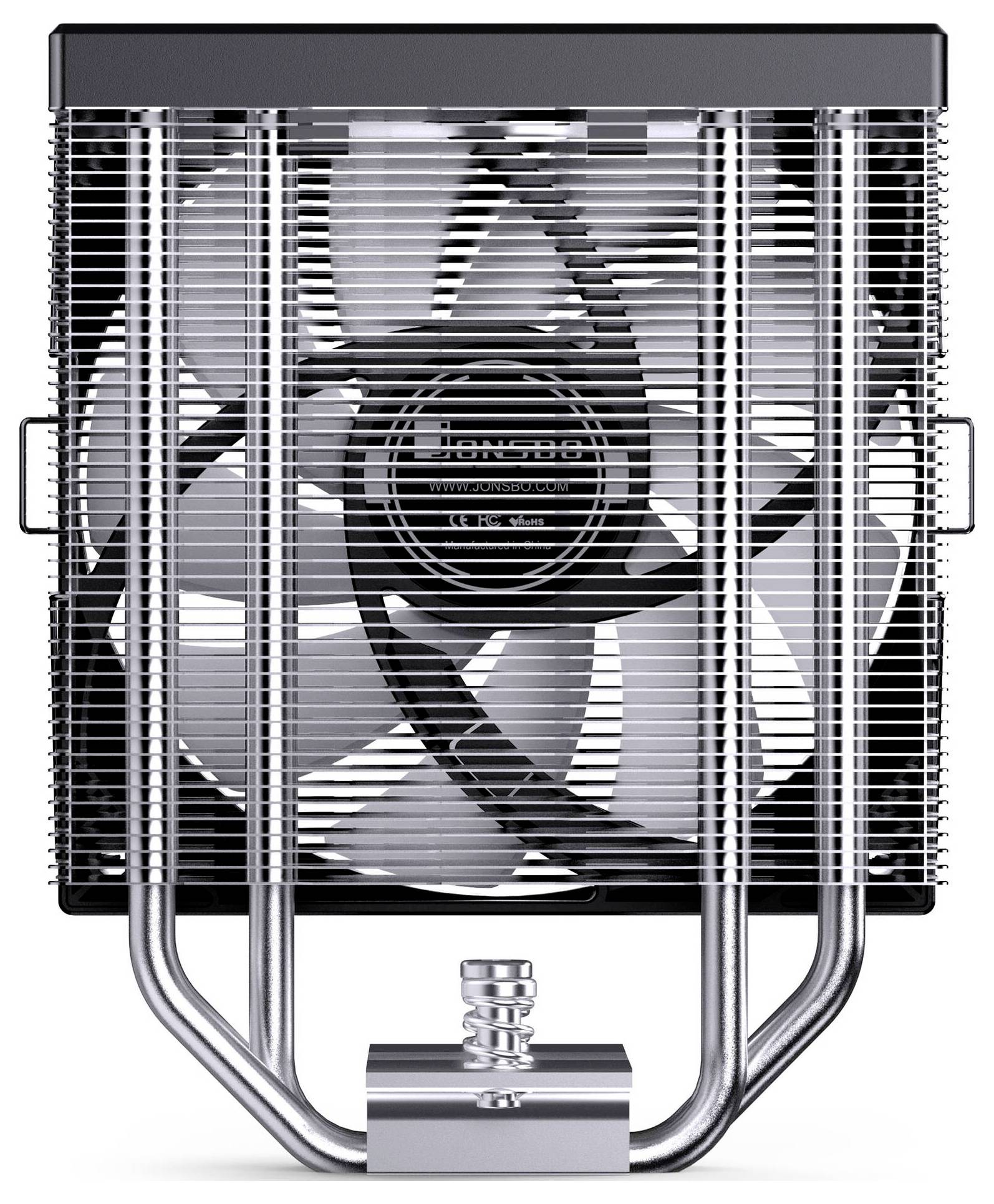 Ein Frontansicht-Foto eines silbernen Computer-Kühlventilators mit schützarem Metallgitter und Befestigungshalterung, vor weißem Hintergrund gezeigt.