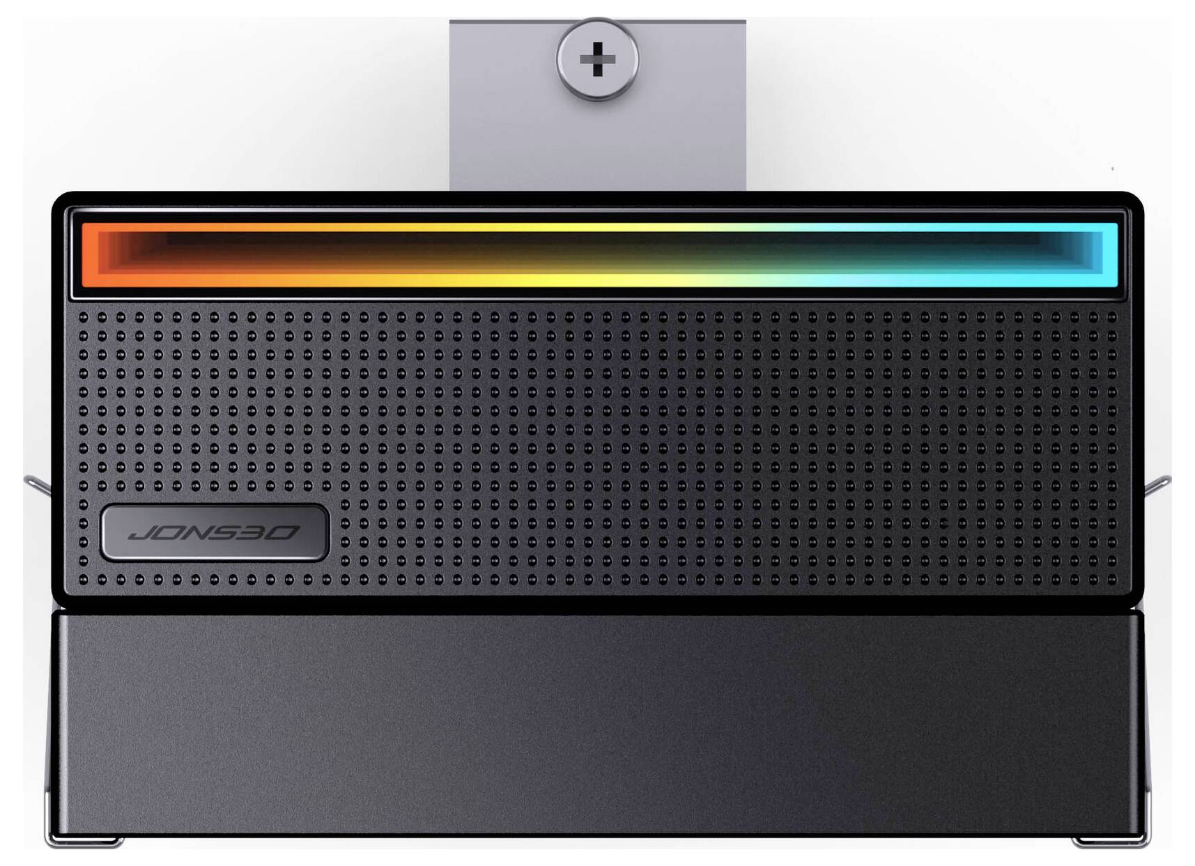 Vorderansicht eines schwarzen JONSBO-Computergehäuses oder einer Gehäuseeinheit mit einem Regenbogen-Lichtstreifen oben und einem perforierten Frontpanel.