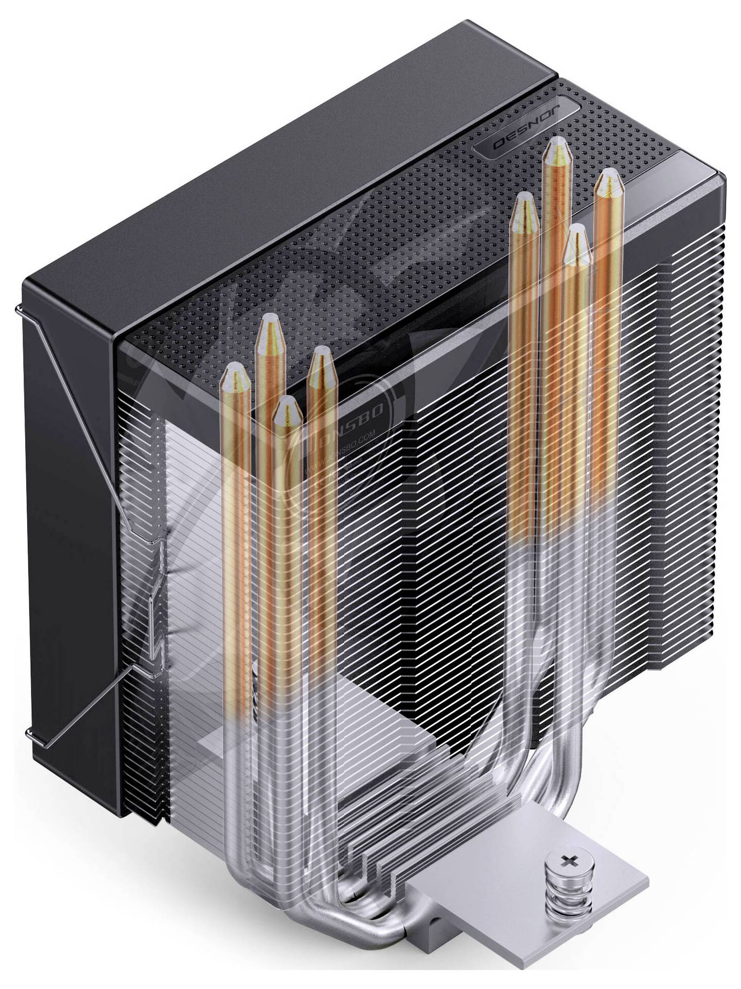 3D-Rendering eines CPU-Kühlkörpers: gestapelte schwarze Kühlrippen mit vier kupfernen Wärmerohr und einer Montageklammer, dargestellt auf weißem Hintergrund.