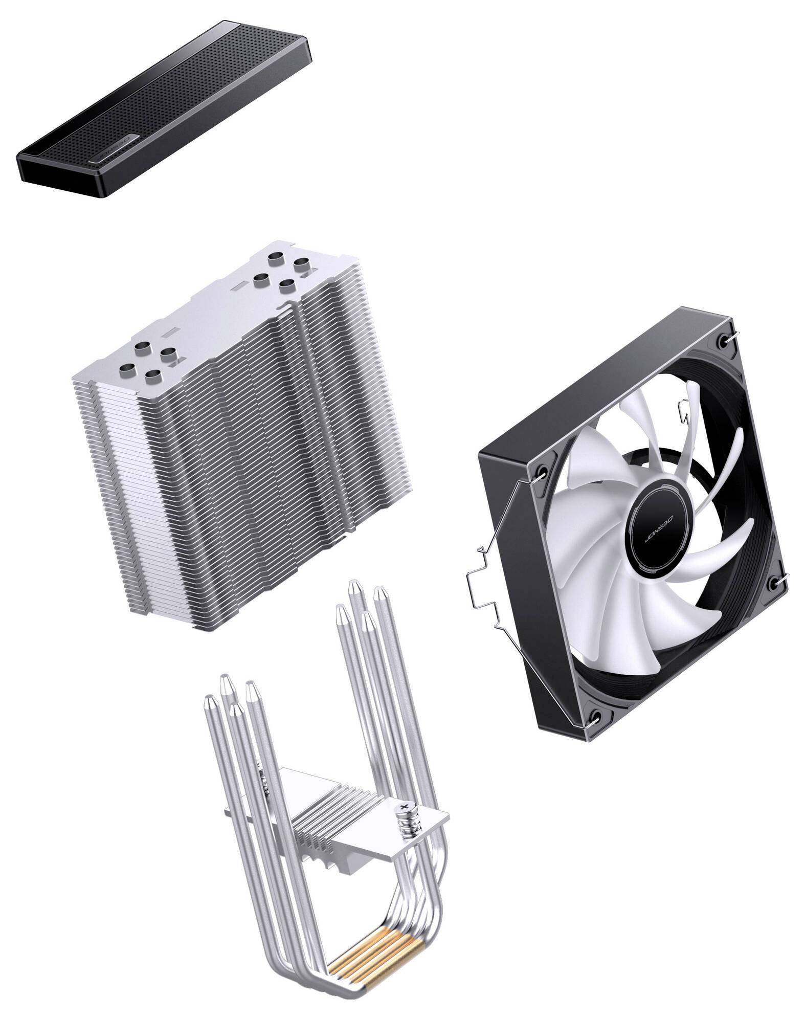 Explodierte Ansicht eines Computer-CPU-Kühlers mit dem Lüfter, dem Kühlkörper, der Montagehalterung und den Wärmerohrern.