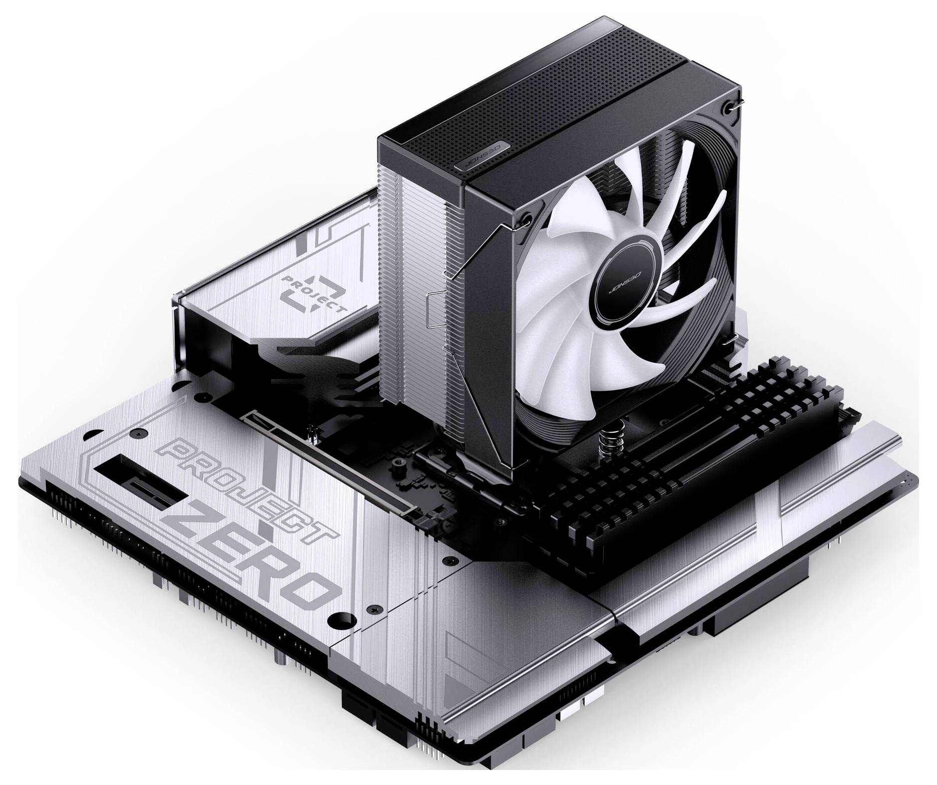 Desktop-CPU-Kühler mit einem einzelnen Lüfter, der auf einem silber-schwarzen 'PROJECT ZERO'-Motherboard montiert ist