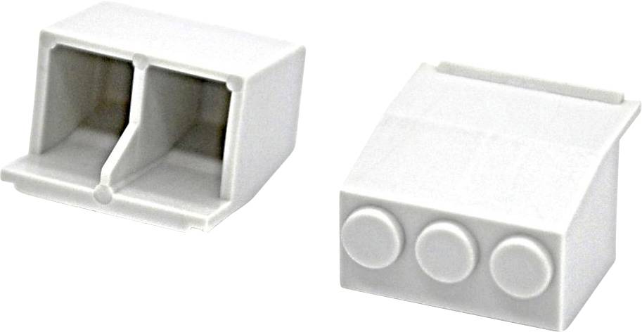 Weiße Kunststoff-Elektrostecker-Gehäuse, von zwei Winkeln gezeigt, mit doppelten internen Schlitzen und drei kreisförmigen vorderen Anschlüssen.