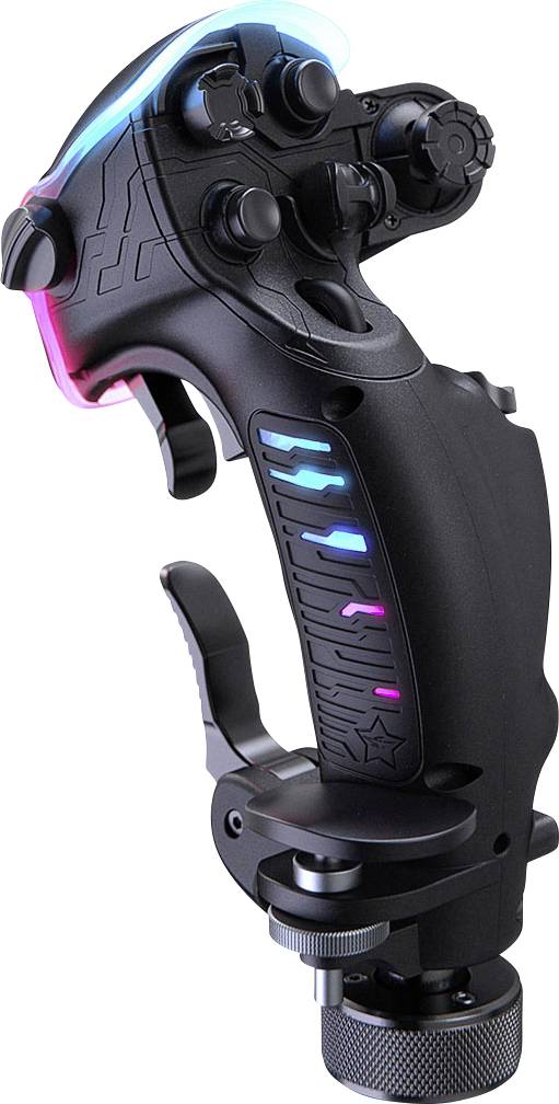 Schwarzer Gaming-Joystick mit leuchtenden blauen und rosa LED-Akzenten, mehreren oberen Tasten, Daumenauslöser und einer montierten Basis auf weißem Hintergrund