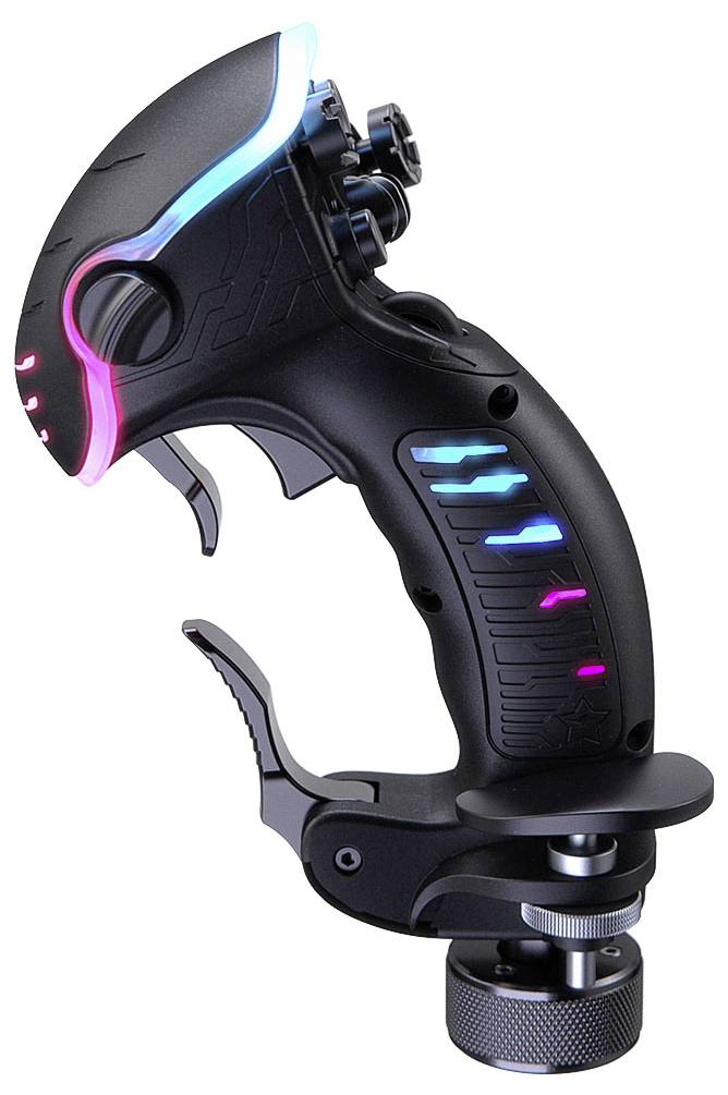 Schwarzer ergonomischer Gaming-Controller oder Joystick mit neonblauen und rosafarbenen LED-Akzenten, montiert auf einer Klemmenbasis vor weißem Hintergrund.
