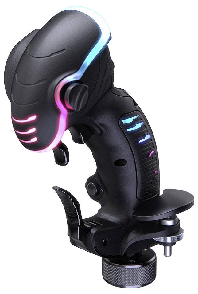 Futuristischer schwarzer Gaming-Joystick mit neon-rosa und blauen LED-Akzenten, Auslöseknöpfen und einer Befestigungsbasis auf weißem Hintergrund.