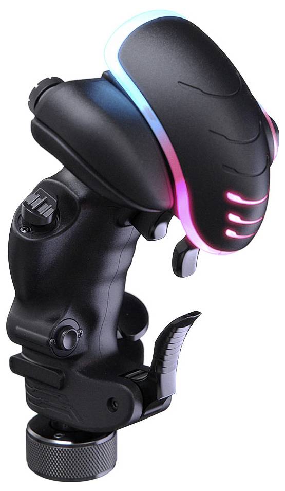 Schwarzer Gaming-Joystick mit leuchtender blauer und rosa Einfassung, in Nahaufnahme auf weißem Hintergrund dargestellt.