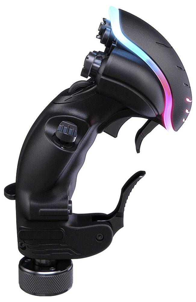 Schwarze Gaming-Maus mit ergonomischem verstellbaren Griff und RGB-Beleuchtungsakzenten entlang der Oberseite und Vorderseite