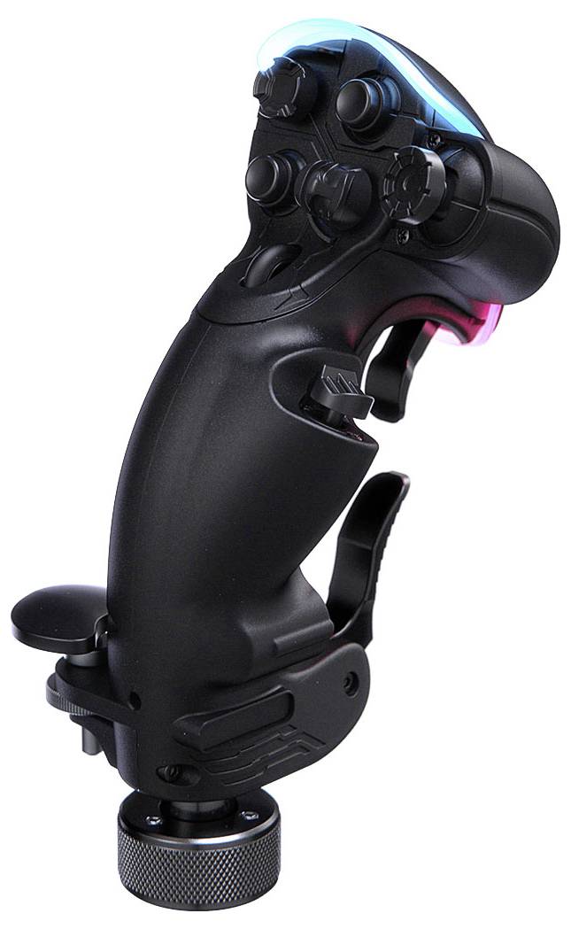 Schwarzer Flug-Joystick-Controller mit mehreren Tasten, Analogstöcken und einer strukturierten Basis, gezeigt auf weißem Hintergrund.