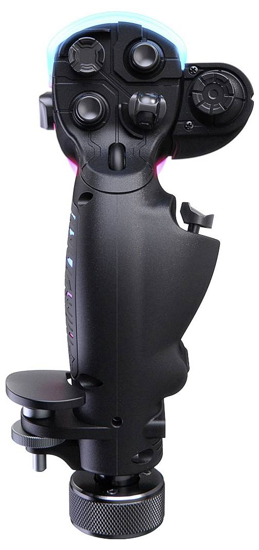 Schwarzer industrieller Joystick-Controller mit mehreren Daumentasten, ergonomischem Grifftrigger und großer Standfläche, dargestellt vor weißem Hintergrund.