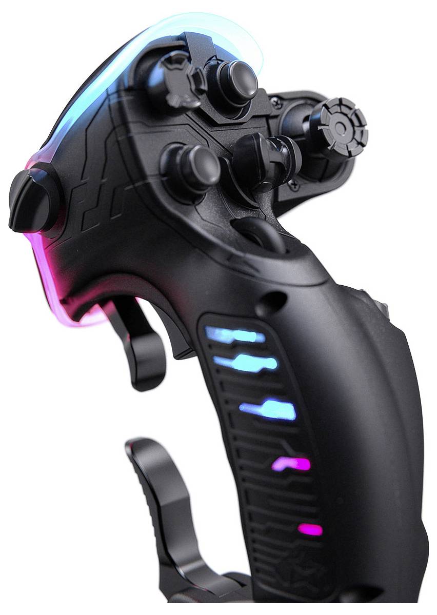 Schwarzer Gaming-Joystick mit mehreren Tasten und leuchtenden blauen, cyan- und rosafarbenen Akzenten, auf weißem Hintergrund dargestellt.