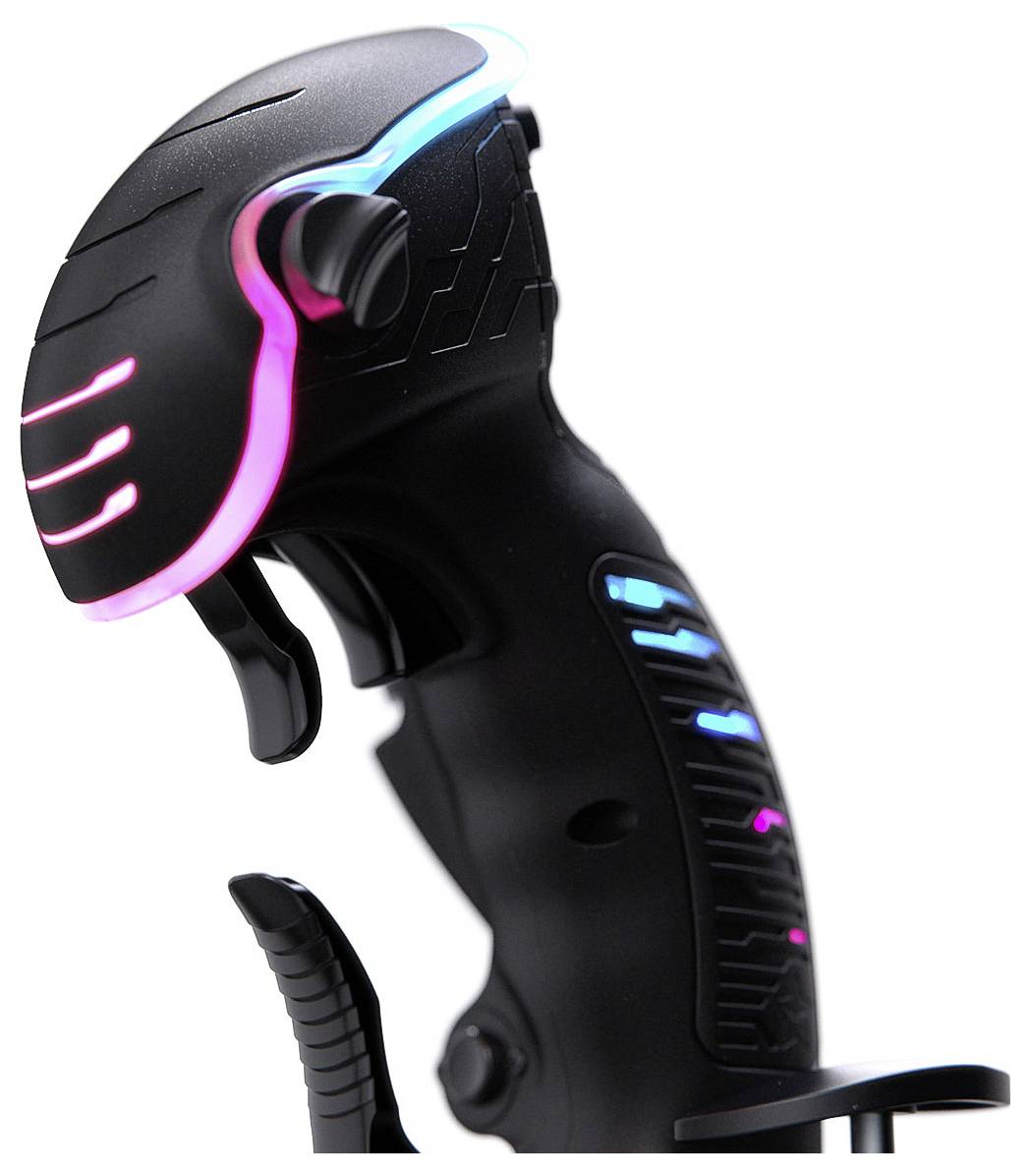 Schwarzer Science-Fiction-Stil-Joystick-Controller mit leuchtenden rosa und blauen LED-Akzenten auf weißem Hintergrund.
