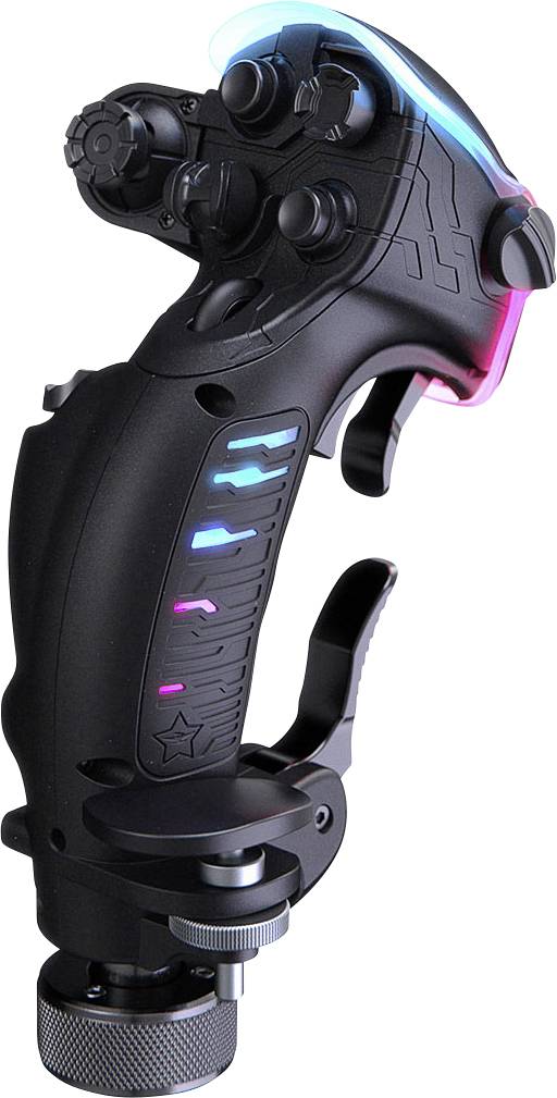 Schwarzer futuristischer Joystick-ähnlicher Spielecontroller mit mehreren oberen Tasten, leuchtenden blauen und rosa Akzenten und einer strukturierten Basis