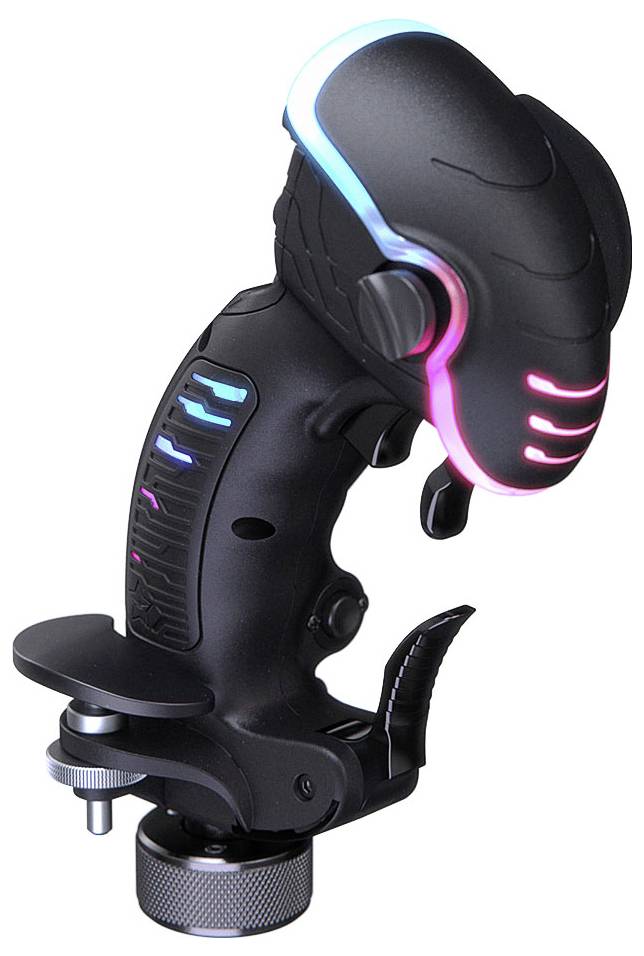 Schwarzer futuristischer Spiele-Controller im Joystick-Stil mit leuchtenden blauen und pinken LEDs, ergonomischem Abzugsgriff und Klemmmontagebasis auf weißem Hintergrund