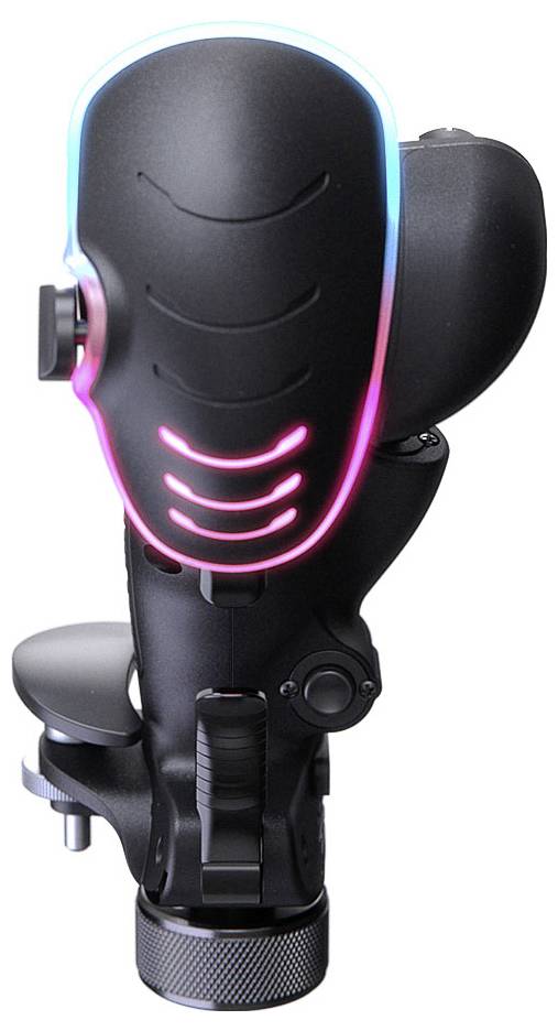 Tragbares schwarzes Gerät mit leuchtenden rosa und blauen LED-Akzenten, dargestellt auf weißem Hintergrund.