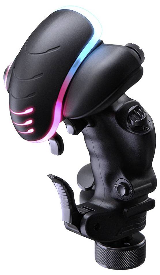 Schwarzer verstellbarer Gaming-Joystick-Controller mit leuchtenden rosa und blauen LED-Akzenten auf weißem Hintergrund.