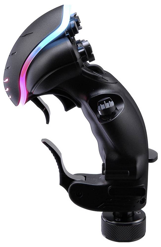 Schwarzes futuristisches tragbares Gerät mit leuchtenden blauen und rosa Akzenten, Schussgriff und verstellbarer Klemme oder Halterung auf weißem Hintergrund.