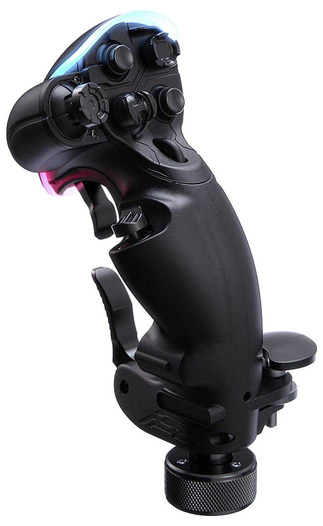 Schwarzer Gaming-Joystick-Controller mit mehreren Tasten, Trigger und drehbarer Basis, auf weißem Hintergrund dargestellt.