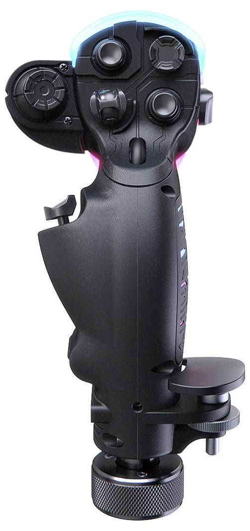 Nahaufnahme eines schwarzen Joystick-Controllers im Flugzeugstil mit mehreren Daumentasten und einem Abzug, gezeigt auf weißem Hintergrund.