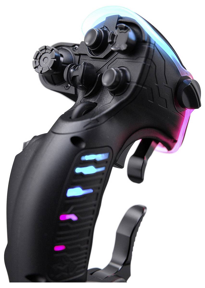 Nahaufnahme eines schwarzen Gaming-Joystick-Controllers mit Analog-Sticks und leuchtenden blauen und rosa LED-Akzenten auf weißem Hintergrund.