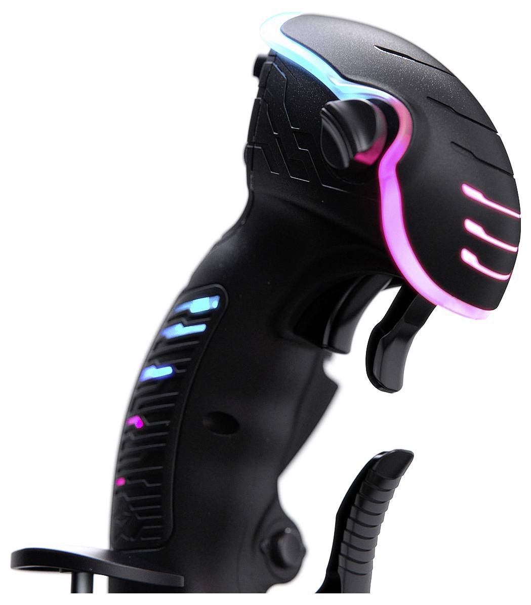 Futuristische schwarze Gaming-Maus in Waffenform, mit leuchtenden blauen und rosa LED-Akzenten und einer Trigger-ähnlichen Taste.