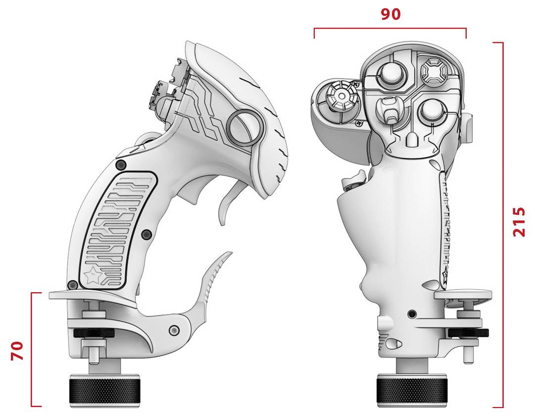 Technische Zeichnung eines tragbaren mechanischen Geräts in Seiten- und Vorderansicht, mit roten Bemaßungsbezeichnungen, die eine Breite von 90 mm, eine Höhe von 215 mm und eine Basishöhe von 70 mm angeben.