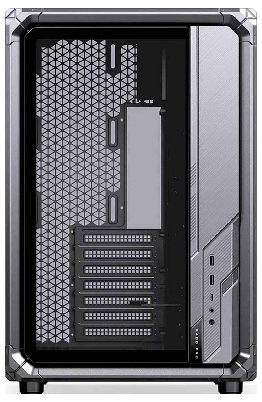 Vorderansicht eines schwarzen und silbernen Computer-Gehäuses mit Mesh-Seitenpaneel, mehreren Laufwerkschächten und vorderen USB- und Audioanschlüssen.