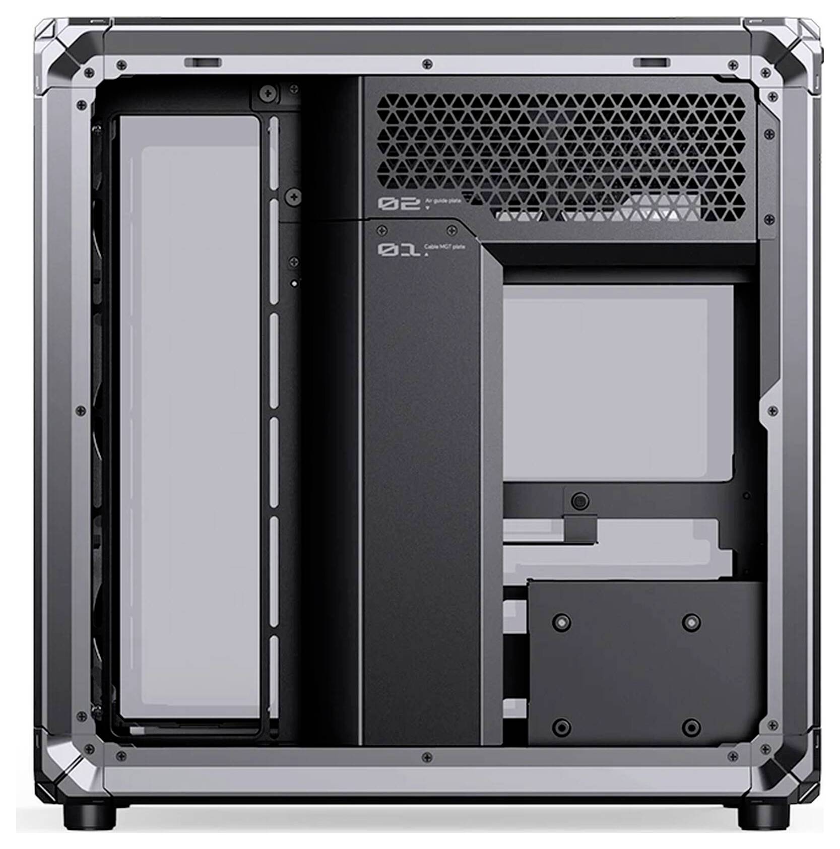 Vorderansicht des Inneren eines schwarzen PC-Gehäuses mit offenen Blenden, die Laufwerkschächte, Belüftungsgitter und Montagefächer zeigen.