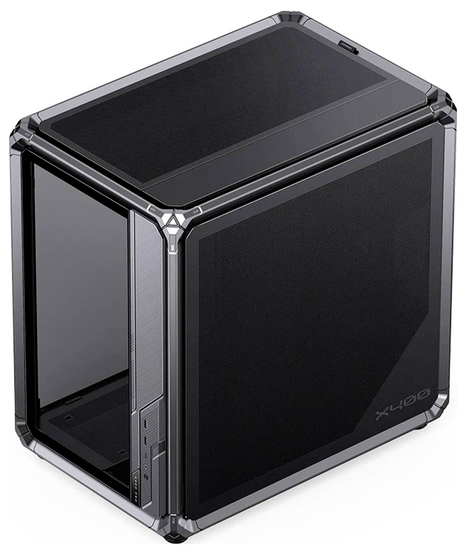 Black Corsair X400 PC-Gehäuse mit gehärtetem Glasseitenpanel und Mesh-Front, gezeigt in einer Studio-Produktansicht.