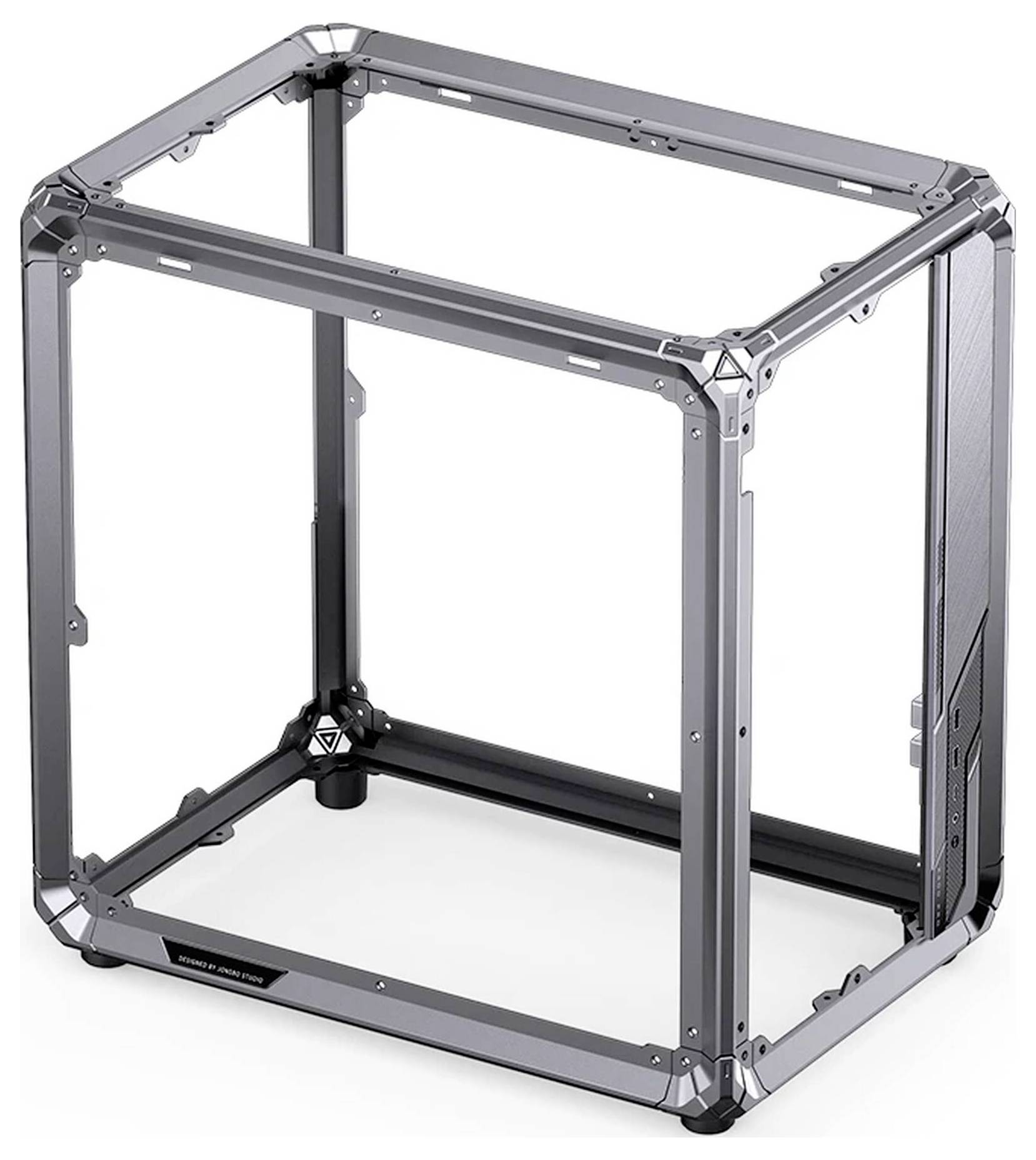 Open-Frame-3D-Drucker mit kubischem Metallrahmen und transparenten Seitenpaneelen auf weißem Hintergrund.