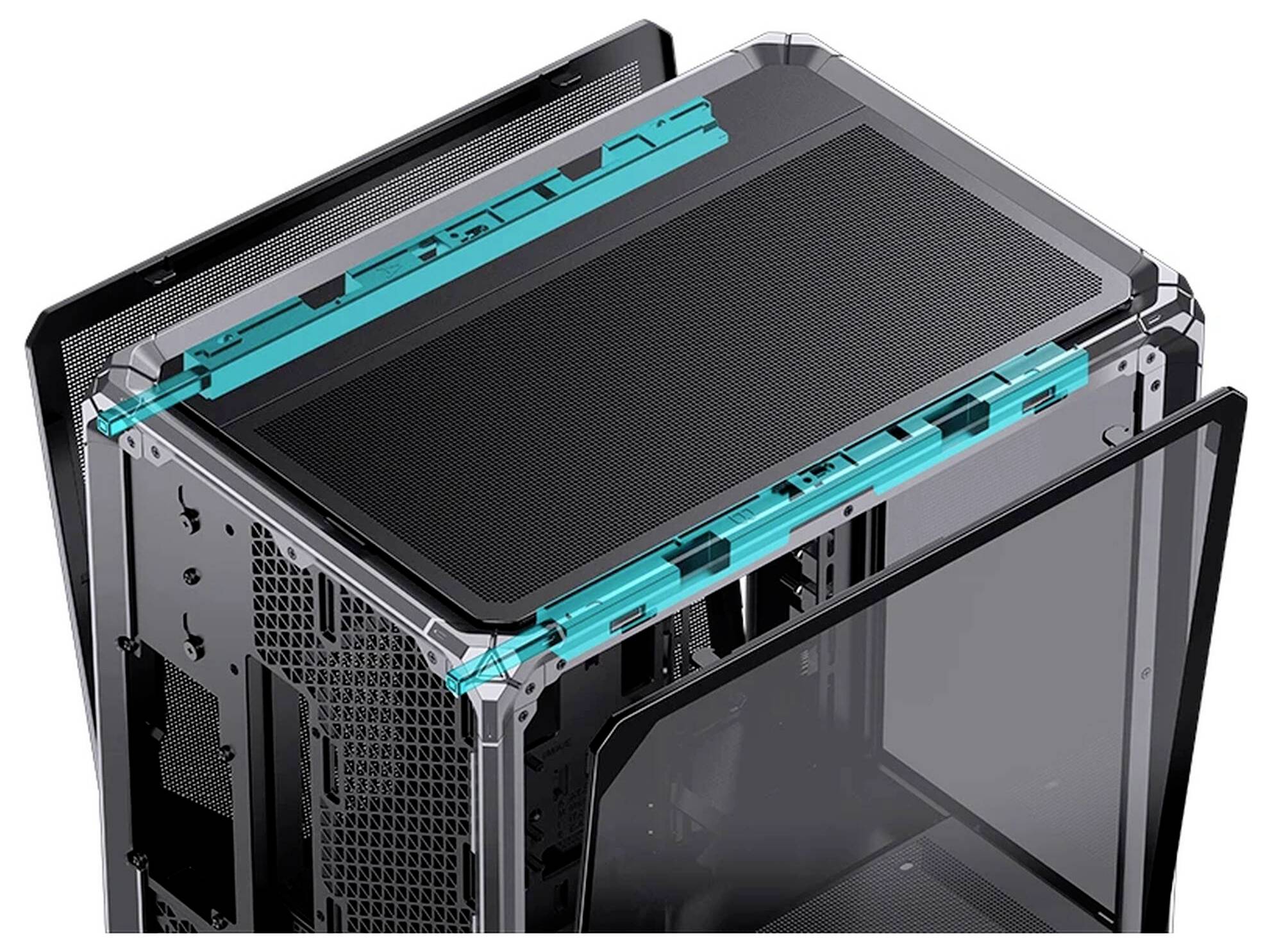 Offenes Computergehäuse mit Mesh-Oberfläche, transparentem Seitenfenster und hervorgehobenen Cyan-Befestigungsschienen/-halterungen an den oberen Kanten.