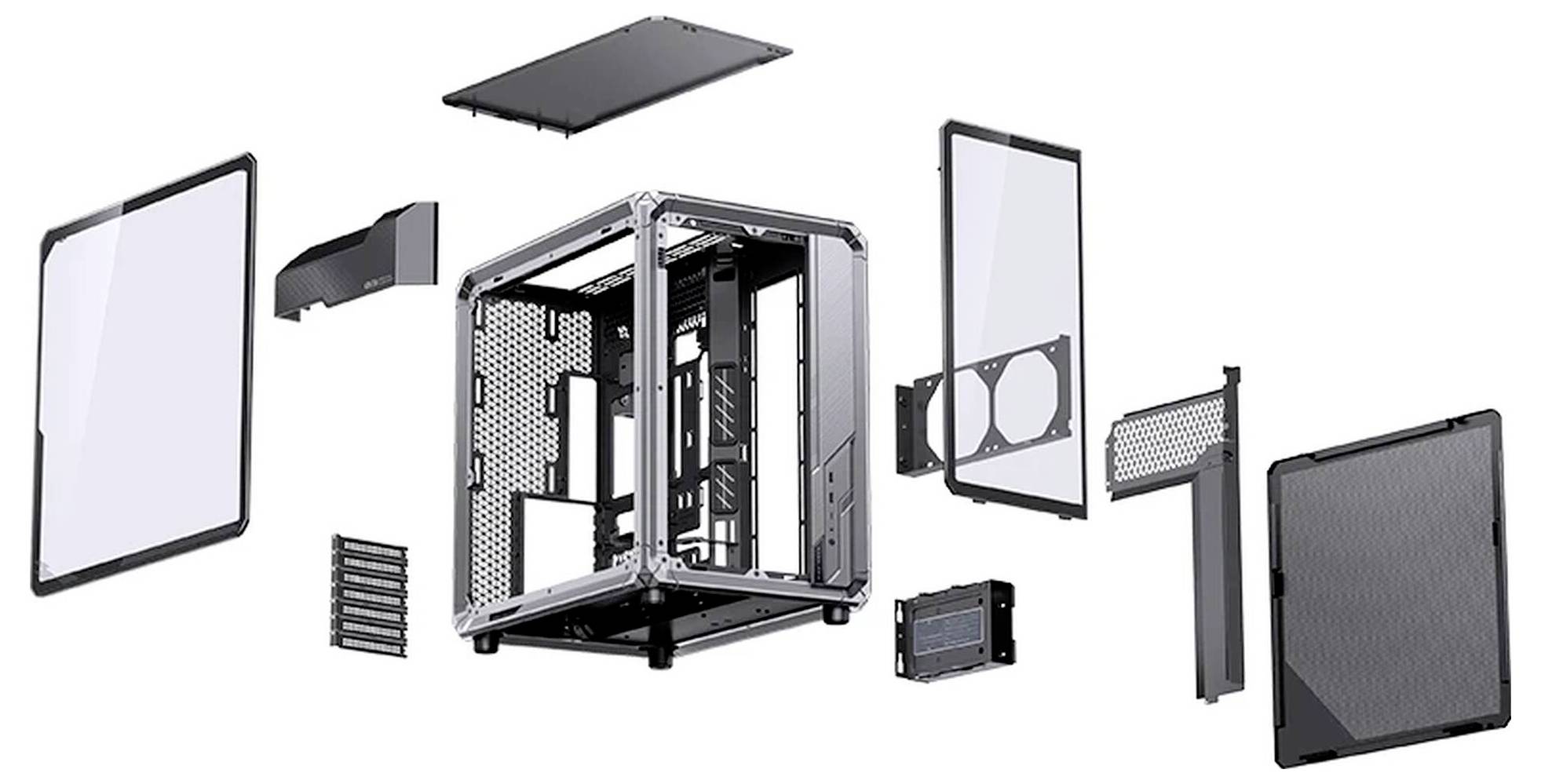 Explodierte Ansicht eines PC-Gehäuses, die das Hauptchassis und die abnehmbaren Paneele, Halterungen und Laufwerksbefestigungen um es herum verteilt zeigt.