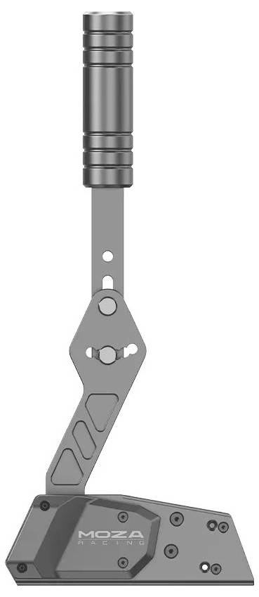 MOZA Racing Handbremshebel mit grauem Metallgehäuse und schwarzer Basis, aufrecht vor weißem Hintergrund dargestellt.