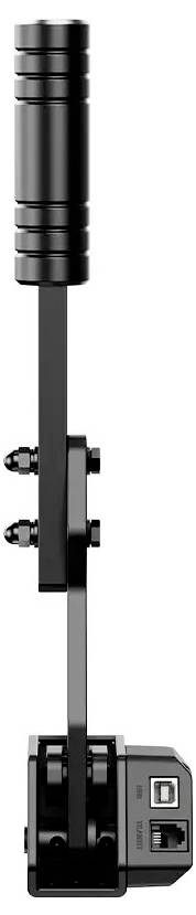 Schwarzes mechanisches Gerät mit langem vertikalem Griff oder Hebel, montiert auf einem schmalen Rahmen mit Bolzen und einer kleinen Basiseinheit.