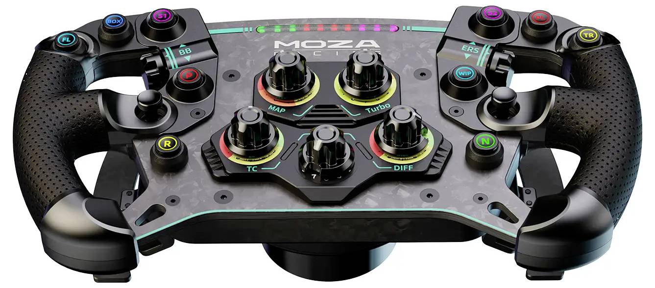 MOZA Racing Lenkrad-Controller mit Doppelgriffen, mehreren Knöpfen, Buttons und beleuchteten Anzeigelichtern auf weißem Hintergrund