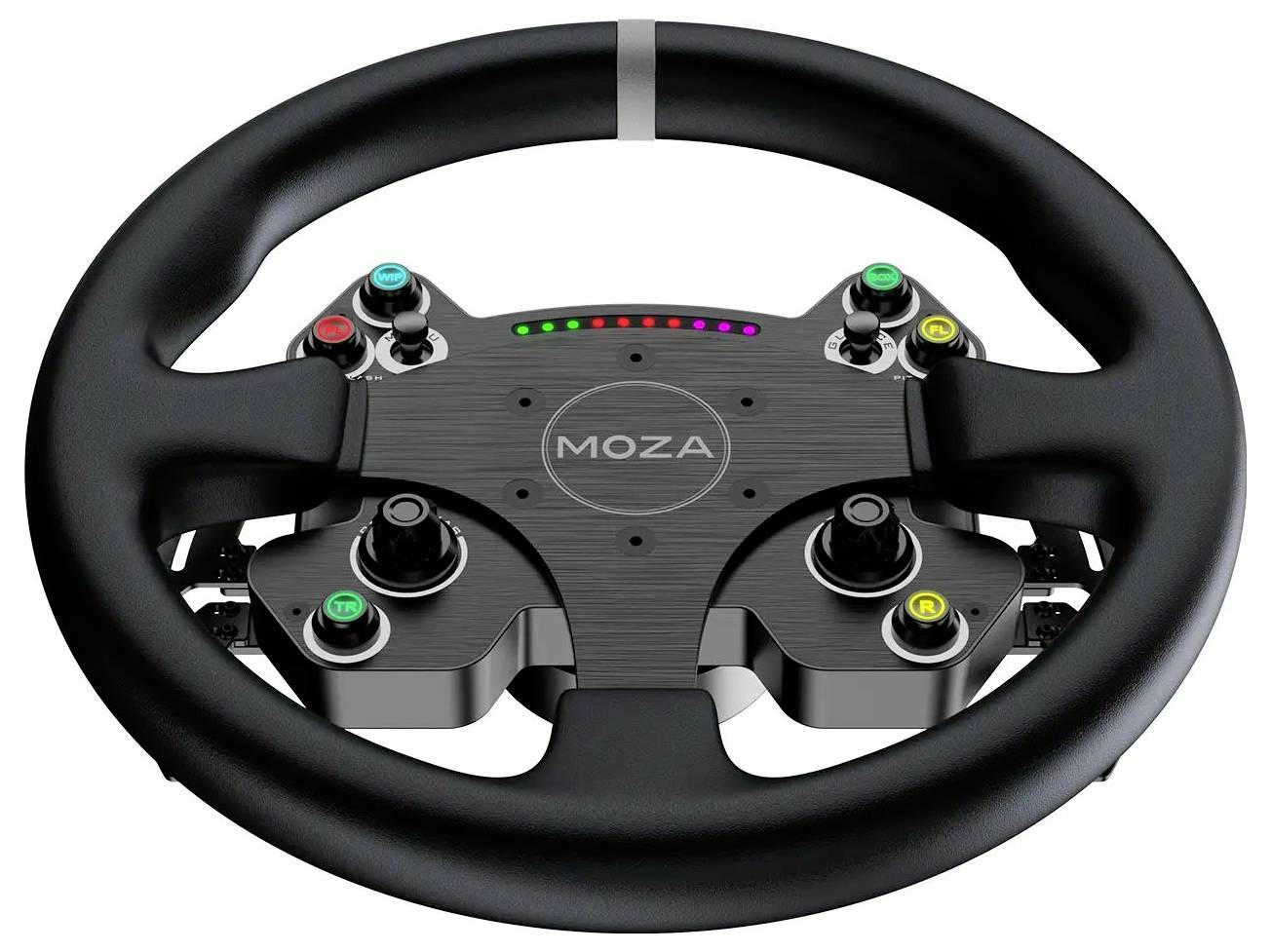 Schwarzes MOZA Racing-Lenkrad mit mehrfarbigen Tasten und zentralen LED-Anzeigelampen auf weißem Hintergrund