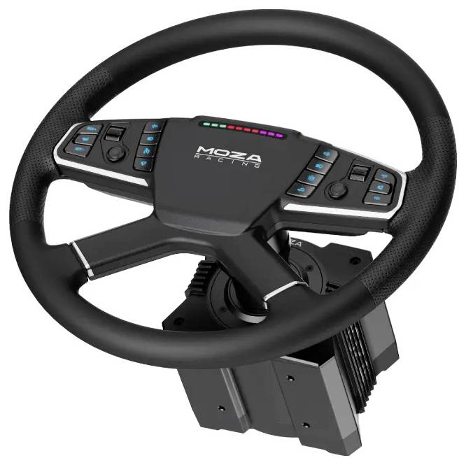 MOZA Racing Sim-Racing-Lenkrad mit Paddletasten, LED-Anzeigen und Quick-Release-Nabe.