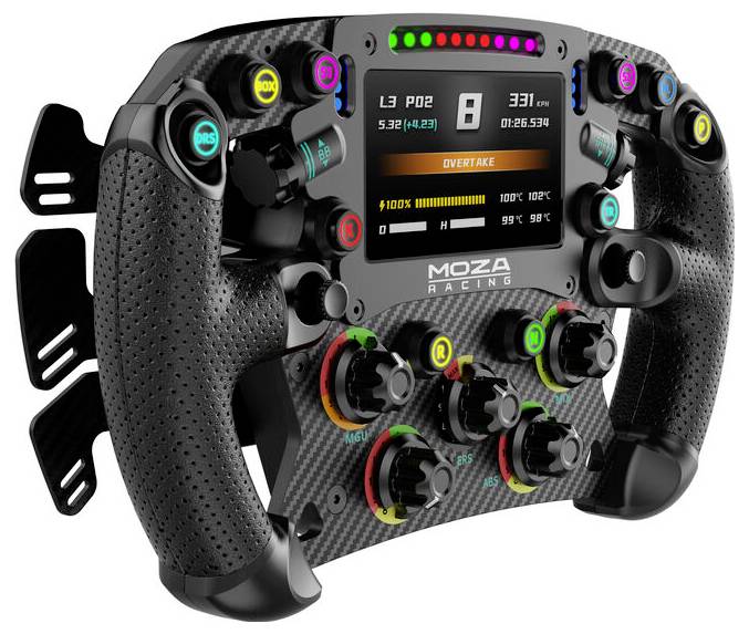 MOZA Racing Formel-Stil Sim-Racing Lenkrad mit zentralem Display, LED-Schaltlichtern und mehreren beschrifteten Bedienknöpfen und Tasten.