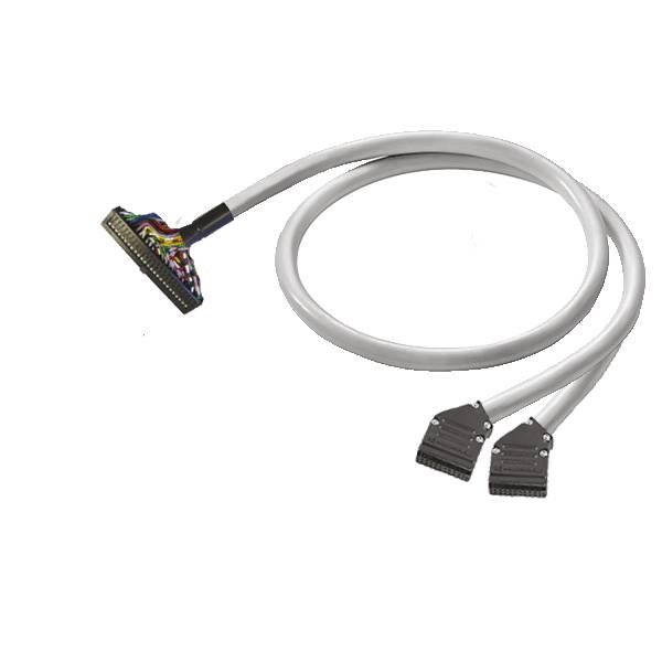 Graues Computerkabel mit einem mehrpoligen Stecker auf der einen Seite und zwei schwarzen Steckern auf der anderen Seite.