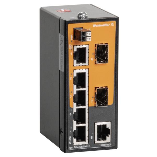 Industrie-Ethernet-Switch mit orangefarbiger Frontplatte, fünf RJ45-Anschlüssen und drei zusätzlichen Netzwerkanschlüssen, gekennzeichnet mit Weidmüller und „Fast Ethernet Switch