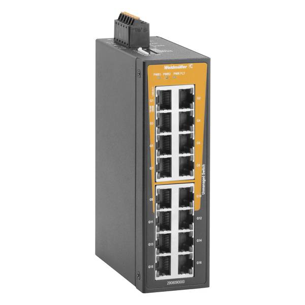Industrial Ethernet-Schalter mit 16 RJ45-Anschlüssen und orangefarbiger Frontplatte, gezeigt in einem vertikalen schwarzen Metallgehäuse.
