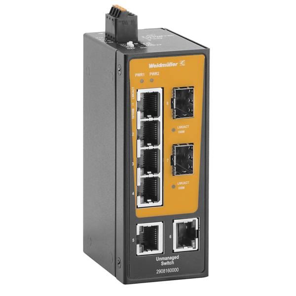 Weidmuller verwalteter Ethernet-Switch mit acht RJ45-Anschlüssen und Status-LEDs, dargestellt als schwarzes und orangefarbenes industrielles Netzwerkgerät.